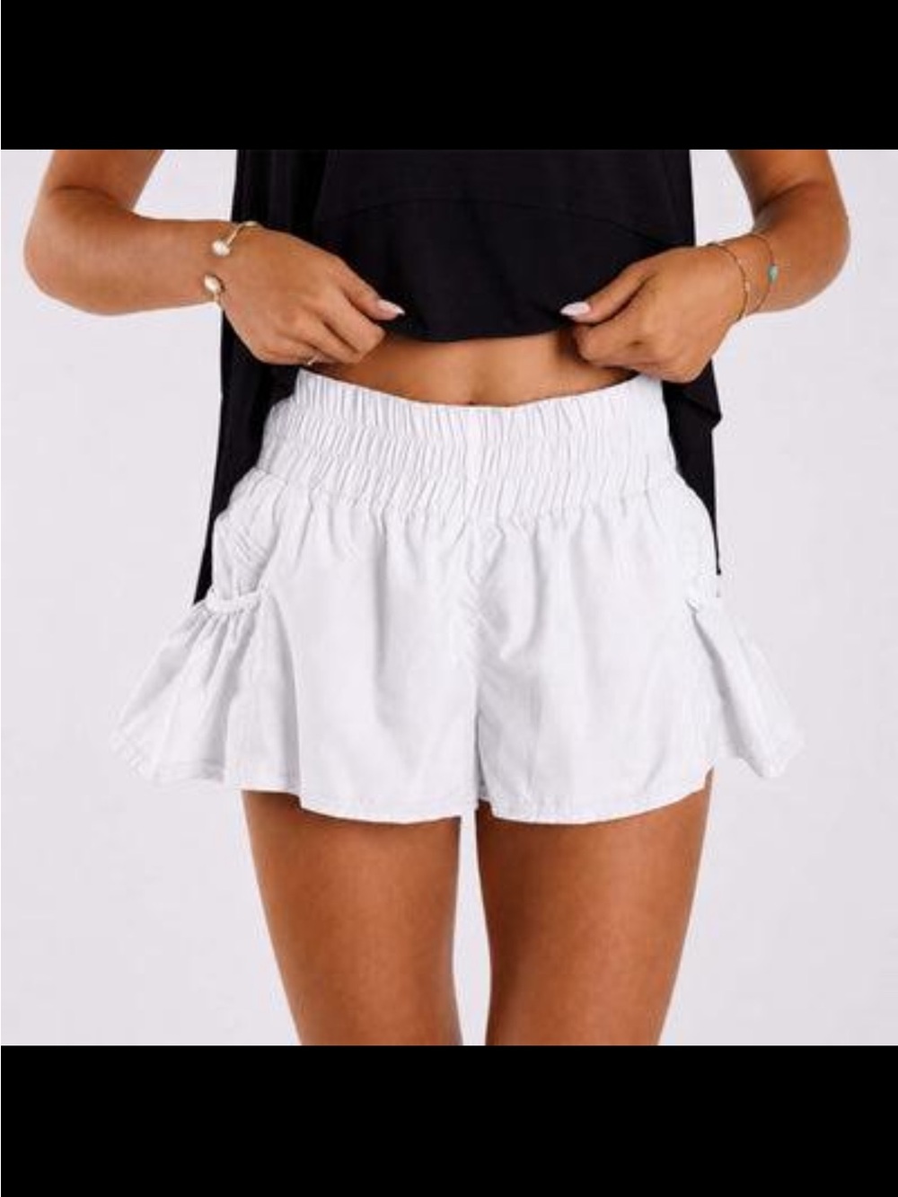 FP Movement by Free People White High-Waist Smocked Ruffle Side Shorts